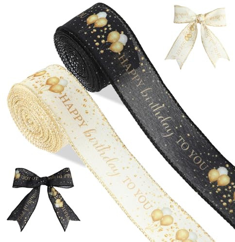 2 Rouleaux Ruban Cadeau Ruban Noir et Blanc 40mm x 9m Joyeux Anniversaire Rubans Happy Birthday Imprimé Rubans pour Fête Anniversaire Emballage Cadeau Artisanat Boîte à Gâteaux Décoration Fleur