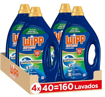 Wipp Express Limpieza Profunda Higiene & Antiolores (40X4) detergente lavadora líquido que combate malos olores, detergente quitamanchas ropa apto para agua fría
