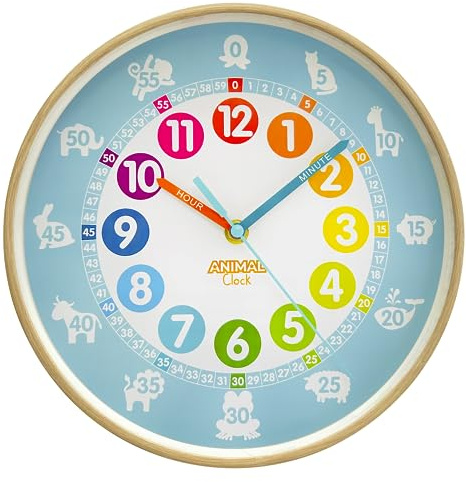 Animal Preschool Clock - Time Teacher 10 Inch Educational Silent Wall Clock with Wood Look Frame - Easy to Read Dial for Teacher's Classrooms, Preschooler's Bedroom & Children Playroom