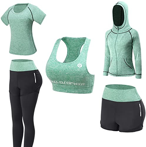 JULY'S SONG Vêtements de Yoga Costumes 5 Pièce Ensembles de Sport Pour Femme Gym Running à séchage Rapide Costumes Sportifs pour Dames Vêtements de Sport Vêtements de Fitness