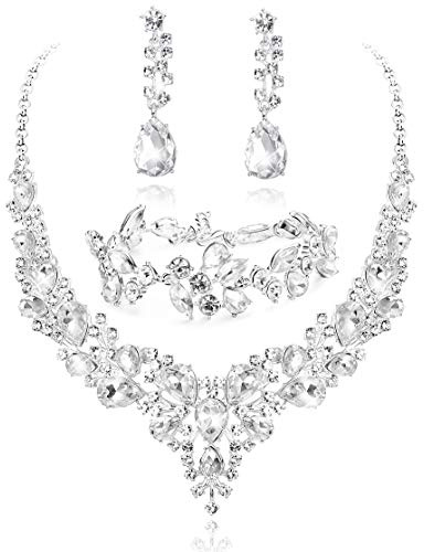LOYALLOOK Teardrop Cluster Rhinestone Crystal Bridal Jewelry Set for Women Statement Choker Necklace Teardrop Dangle Earrings Crystal Bracelets Sets for Bridesmaid Wedding Party Prom