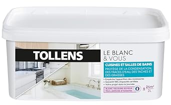 TOLLENS - Peinture Blanche Salle de bain - Résiste à l'Humidité et aux Moisissures - Velours - Blanc 2L = 24m2