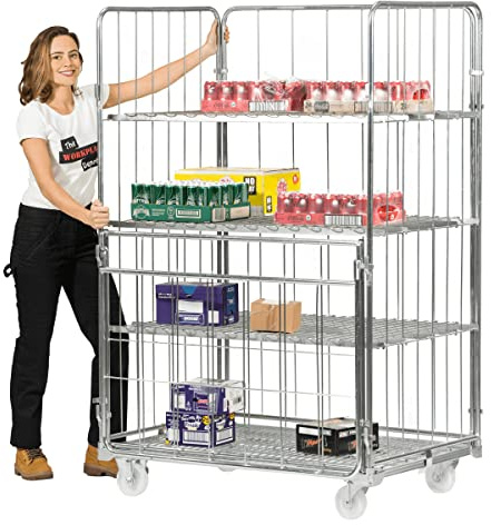 Warehouse Roll Pallet Cages, 4 Sided Jumbo Modular Stock Delivery Transport Trolley Cages on Wheels (2 Shelf)