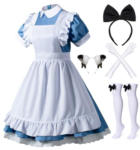 Wannsee Japanese Anime 6Pcs Lolita French Maid Apron Fancy Dress Cosplay Costume Gloves Headwear Socks set(Blue XL)