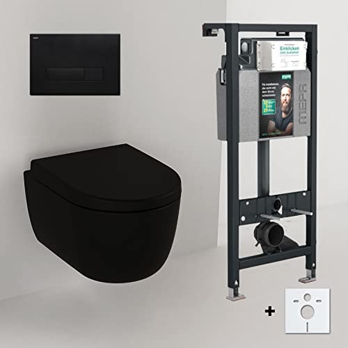 Spülrandloses Hänge Wc mit Spülkasten I Randloses Hänge WC Komplettset Schwarz Matt 49cm I Wand WC ohne Spülrand mit Vorwandelement und Betätigungsplatte (49cm, Mepa Orbit)