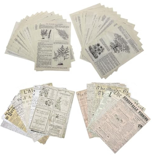 JZK 60 Stück krautige Pflanzen und Zeitung Thema Vintage Scrapbook Papiere, Junk Journaling Backing Papers, Scrap Booking Papers, Collage Papers, Retro Scrapbooking Dekorative Papiere