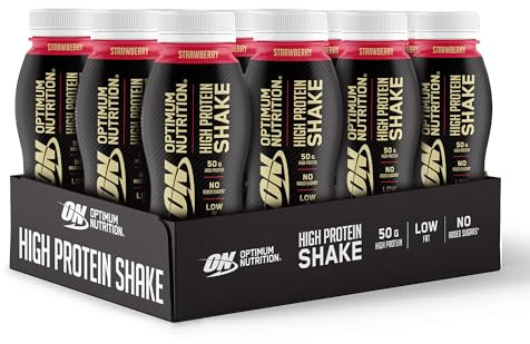 ON High Protein Shake Bottles, Ready To Drink Healthy Snacks, No added sugars, low fat, Post Workout Snack for Men and Women, Strawberry Flavour, 12x500ml, Packaging may vary