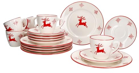 MamboCat Servizio da caffè natalizio, 18 pezzi, in gres porcellanato, per 6 persone, con cervo e fiocchi di neve, colore rosso, 6 tazze da caffè da 150 ml, piattini e piatti da torta per Natale e