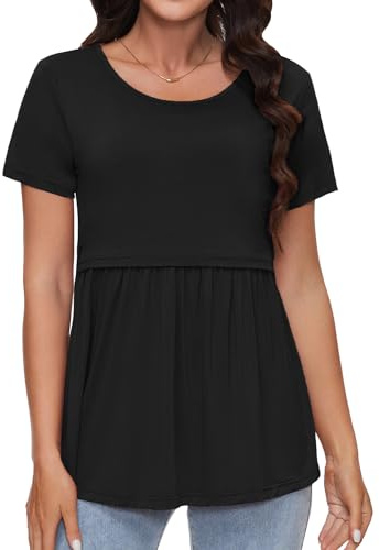 Sosolism Maglietta da Allattamento Carina Estate Maniche Corte T-Shirt per Poppata Top Fluttuante per Donne Post-Parto Nero, Medio