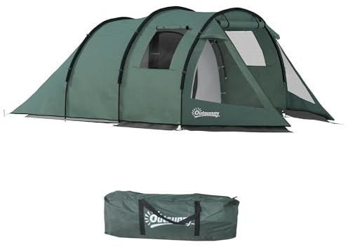 Outsunny 3-4 Man Tunnel Tent, Two Room Camping Tent with Windows, Portable Carry Bag, for Fishing, Hiking, Sports, Festival - Green