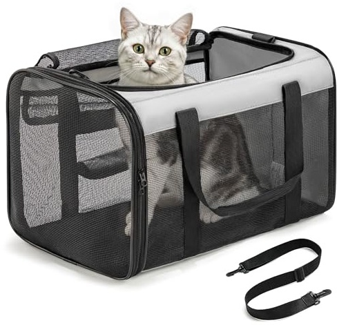 Conlun Sac Transport Chat, Sac Voyage Chat avec Maille sur 4 Côtés, Approuvé par Les Compagnies Aériennes Sac de Transport pour Chien Chats Chiots Jusqu'à 6 Kg, Pliable Caisse Transport Chat-M,Gris