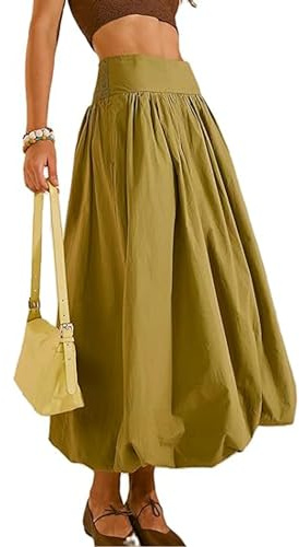 Acrawnni Women Y2k Bubble Maxi Skirt Low Elastic Waist Ruffle Pleated A-line Long Skirts Summer Beach Loose Fit Cute Puffball Balloon Skirt (A-Green, M)