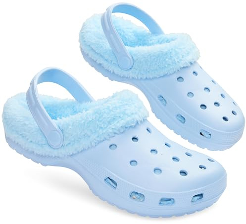 CityComfort Clogs Women Teens Winter Classic Fleece Lined House Shoes - Warm Garden Shoes Slip On with Strap (Light Blue, 7 UK)