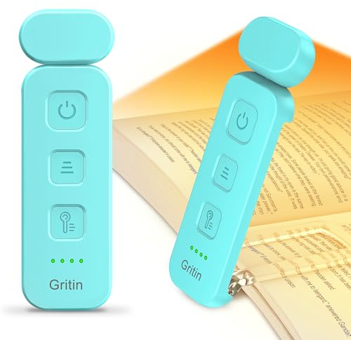 Gritin Book Light Rechargeable, Reading Light Lamp Clip on Books, Eye Caring 3 Colors, 5 Brightness & Stepless Dimming, Long Lasting up to 80hrs, Portable Mini Reading Lamp for Readers