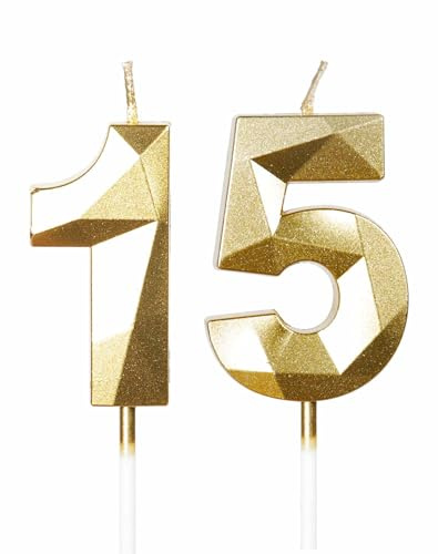 mciskin Gold 15th Birthday Candles, 3D Number 15 Candles for Cake, Girls Boys 15th Birthday Decorations,Pearl Gold Candle Cake Topper Decorations for Birthday Party Weddings Anniversary Supplies