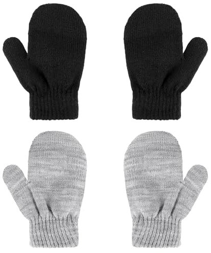 WLLHYF 2 Paar Kinder Fäustlinge Winter Warm Elastisch Keine Kratzer Weiche Handschuhe Atmungsaktive Kleinkind-Fäustlinge für Jungen, Mädchen (Schwarz + Grau)