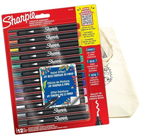 SHARPIE Water based Paint Markers Bullet Tip with Cotton Bag with Print for Colouring Blister of 12 | Drawing & Journaling