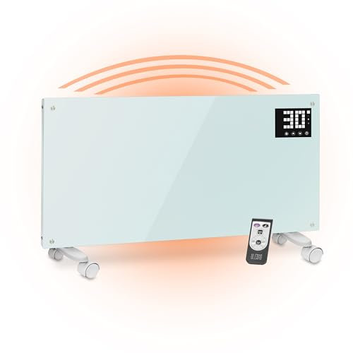 ULCANO Stufa Elettrica Basso Consumo 2000W (Modalità ECO 1000W), Termoconvettore con Ruote + Montaggio a Parete, Vetro Temperato, Display Touch + Timer + Telecomando, Stufetta con Termostato, Bianco