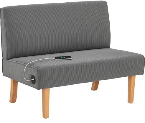 HOMCOM Sofá de 2 Plazas con 2 Puertos USB 1 Puerto Tipo-C Tapizado en Pana Sofá de Salón sin Brazos con Asiento de 20 cm y Patas de Madera Carga 220 kg 110x60x85 cm Gris