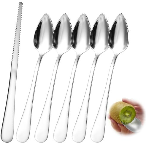 Giantree Cucchiaio da pompelmo in acciaio inox, set da 6 pezzi, 5 cucchiai di pompelmo in acciaio inox e 1 coltello da pompelmo integratore per alimenti per bambini, cucchiaio per kiwi mele e pompelmi