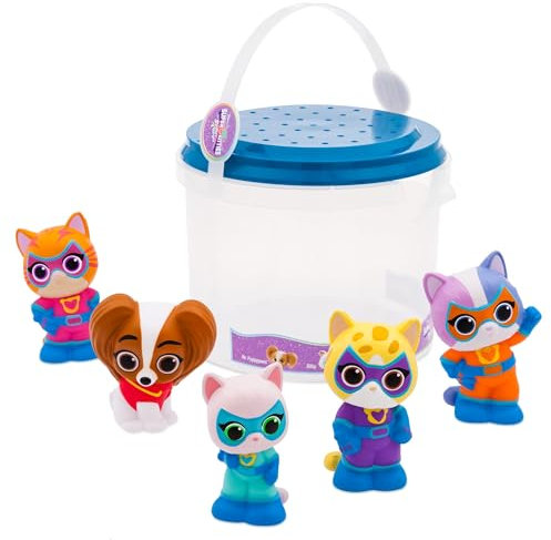 Disney Store Official SuperKitties Bath Toy Set, 5 pc, Including Bitsy, Ginny, Sparks, Buddy & Mr. Puppypaws, Bucket with Straining Lid, For Bath, Paddling Pool & Garden Toy, 6 months+