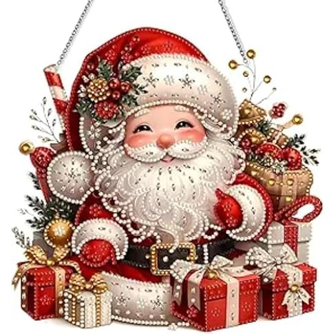 Ruiaqer Diamond Painting Natale Pendente, 5D Strass Diamond Art Painting Appendere Ornamenti, Christmas Pittura Diamante Pendente Kit per Porta Parete Finestra Hanging Decorazione (Red)