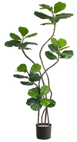 Stort konstgjort fikonträd med fiolblad, plantera konstgjord fikonträd i kruka med svart kruka, konstgjord växt inomhus/utomhus, för vardagsrumsinredning(5-Head,180cm)