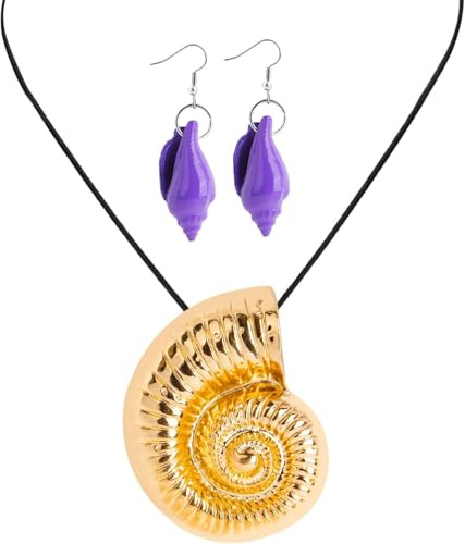 WEITAPYT Collana Conchiglia Oro e 1 Paio Orecchini Viola per Donna Estive Oceanica Mare Collane per Carnevale Halloween Ciondoli Boho Set Gioielli Accessori per Costumi da Sirena Polpo Strega
