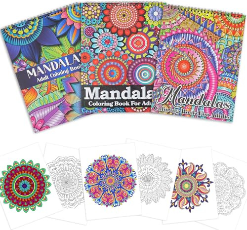 Lot de 3 livres de coloriage mandalas pour adultes, motif mandala unique pour la relaxation, livre de coloriage pour adultes à spirale, livres de coloriage relaxants pour femmes