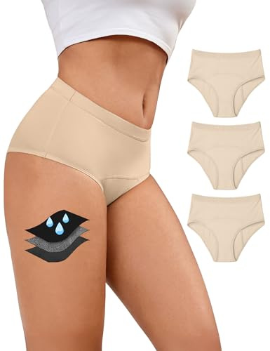 Becotal Periodenunterwäsche für Starke Blutung Unterhosen,Mittel Taille Menstruationsunterwäsche Damen & Mädchen Hochsaugfähig & Auslaufsicher Periodenslip, 3er Pack Beige XL