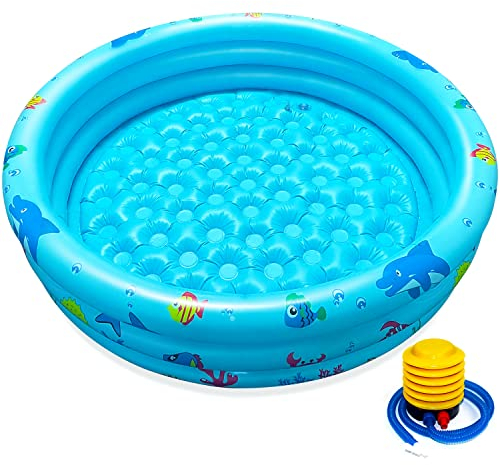 Jiosdo Piscine gonflable pour enfants, diamètre : 110 x 27 cm, ronde, avec pompe à air gratuite, bleue
