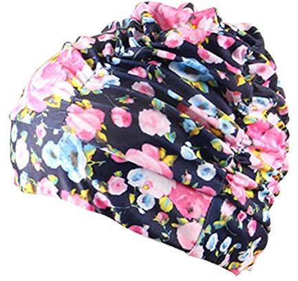 Langes Haar Badekappe, Schwimmkappe Einstellbar Elastizität, Frauen Schwimmhut aus Modisch Plissierte Stoff, Schwimmausrüstung für Erwachsene Männer und Frauen, Teenager(schwarz rosa Blume)