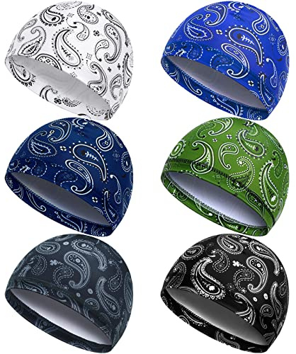 Haysandy 6 Pcs Cooling Skull Cap Motorcycle Helmet Liner Men Women Sweat Wicking Beanie Bicycle Running Cap Head Wrap(Lively Style) Multicoloured