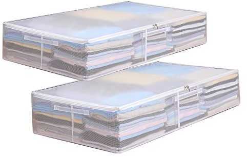 ANAMPION 2 Pezzi Contenitore Sottoletto Pieghevole Scatole per Armadio Salvaspazio PVC Scatole per Vestiti Porta Abiti con Manico, Organizzatore per Trapunte Coperte Biancheria da Letto 80x47x15cm