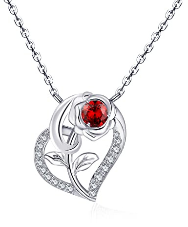Qings Donna Collana Cuore Granato Argento 925 Rosa Fiore Gennaio Collana Ciondolo Pietra Portafortuna con Zirconi Romantico Compleanno San Valentino Regali di Natale Gioielli per la Fidanzata Moglie