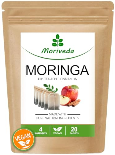 MoriVeda Moringa Dip Tea 100% naturale e vegano (miscela di foglie di Moringa a scelta, mela-cannella, melograno, zenzero, menta) Tè Moringa, 20 bustine mela-cannella