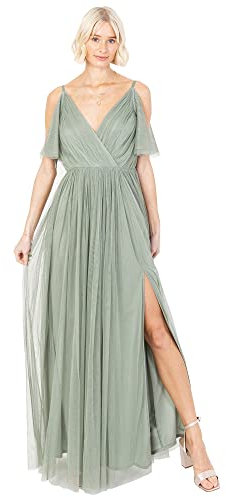 Anaya with Love Damen Ladies Women Dress Maxi Short Sleeve Cami V Neckline Long Length Empire Waist Bridesmaid Wedding Guest Prom Kleid, Frosty Green,38 EU