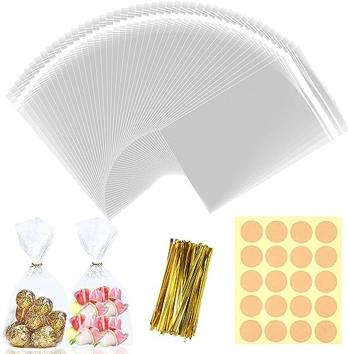 200 Stück Süßigkeiten Tüten, 15x10cm Cellophantüten Plastiktüten, 200 Metallischen Bindebaender & Aufkleber Plastiktüten, Kekstüten Transparent geschenke tüten kleine für Osterbeutel zum Befüllen