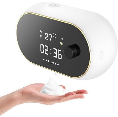 Distributeur Savon Automatique Mousse – sans Contact, Mural sans Perçage, avec Capteur & Affichage LCD, Rechargeable pour Salle de Bain & Cuisine (Blanc)