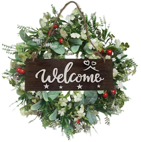 MANOPRANA 45cm TüRkranz AußEn Mit HöLzernen Willkommensschildern TüRkranz FrüHling Rote Beeren HaustüR Drinnen DraußEn TüRkranz GanzjäHrig FüR Hochzeitsfeier Festival Dekor (Stil E), HH-E