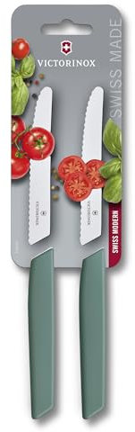 Victorinox Swiss Modern, Tomato & Table Knife, Vegetable Knife Set, 2 Pieces, 11 cm, Extra Sharp Serrated Edge, Dishwasher Safe, Sage