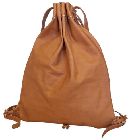 MELONI Borsa Zaino in Pelle, Artigianale, Fatta a mano, Sacca Sarda Tradizionale SA TASCA, Cuoio Naturale con Chiusura a Coulisse