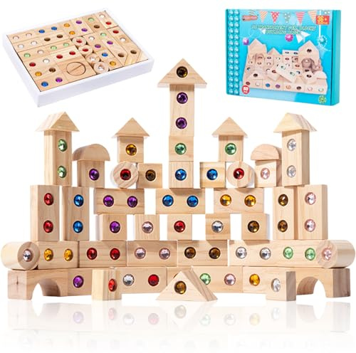 Sensorik Bausteine Holz 50 Stk Montessori Spielzeug Stapelturm Regenbogen Bauklötze Holz Stapelspielzeug Konstruktionsspielzeug, Holzbausteine Pädagogisches Kinderspiel für Mädchen und Jungs ab 3