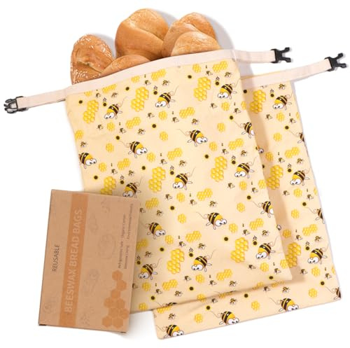 Zackoo Beeswax Bread Bags for Homemade Bread (2 Pack), Sourdough Bread Bag with Removable Beeswax Lining for Keeping Fresh, Reusable Food Storage Bag