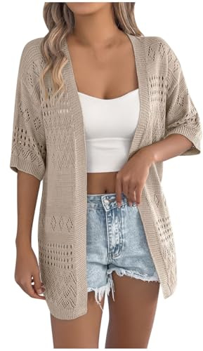 Women's Crochet Cardigans Hollow Out Short Sleeve Cardigan Open Front Casual Knitted Sweater Jacket Ladies Summer Cardigans Lightweight Beach Coverups Shrugs Outwear Top Ladies Knit Top
