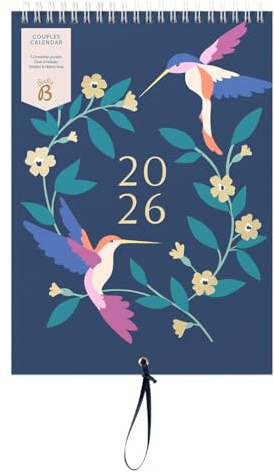 Busy B - Calendrier mural pour couples 2026 - Calendrier mural fin avec double emploi du temps, pochettes mensuelles et autocollants - Oiseaux