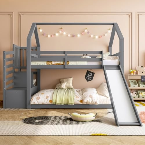 PUGSDRLY Lit Superposé Enfant 90x200cm avec Toboggan Installé Gauche ou Droite,Lit Cabane Enfant avec Escalier de Rangement,Cadre de Superposés pour Enfant et Adolescent (Gris, 90)
