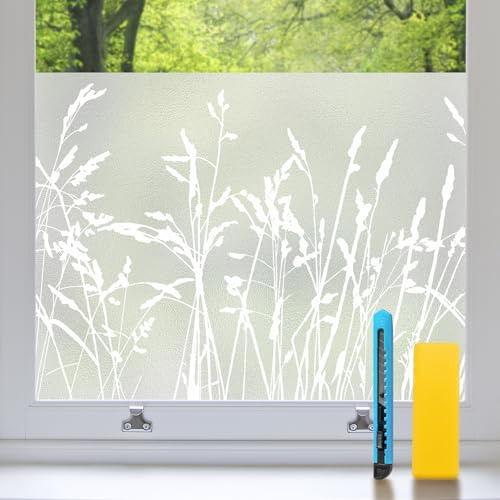 Zindoo fönsterfilm ogenomskinlig 105 x 200 cm gräs insynsskyddsfolie fönster statisk utan lim mjölkglasfolie UV-lämplig för badrum, kontor, vardagsrum, balkong