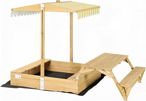 needs&wants® Sabbiera in legno con tavolo da picnic e tetto, panche e copertura, sandbox per bambini con coperchio pieghevole, protezione solare UV, sandbox quadrato per giardino all'aperto parco