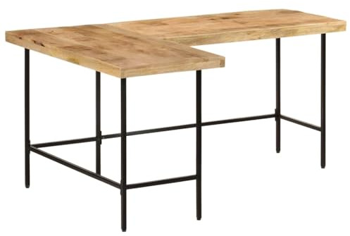 GeenYuu Skrivbord av massivt mangoträ och järn 165 x 110 x 77 cm L-format arbetsbord för hemmakontor kontor arbetsrum med hylla lagringsutrymme och stabil skrivbordsskiva
